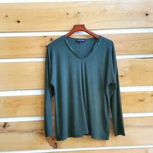 Flora Ashley‎ Khaki Green V-neck Lace Embellished Long Sleeve Sz. L Top